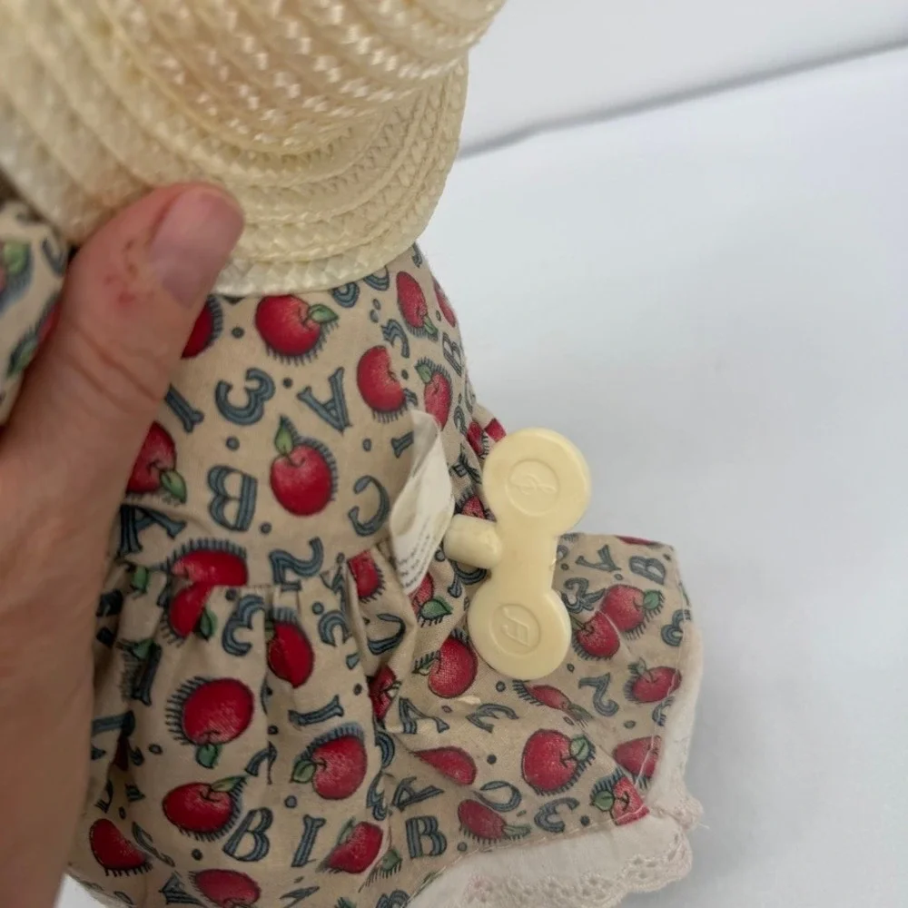 Cacos‎ Musical Wind Up Rag Doll Apple ABC Dress Straw Hat VTG Cottage Core